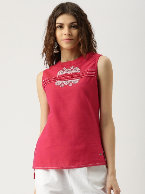 

IMARA Pink Self-Design High-Low Pure Cotton Top