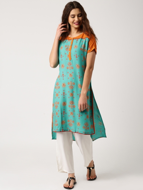 

IMARA Fusion Women Green & Orange Printed High-Low Kurta