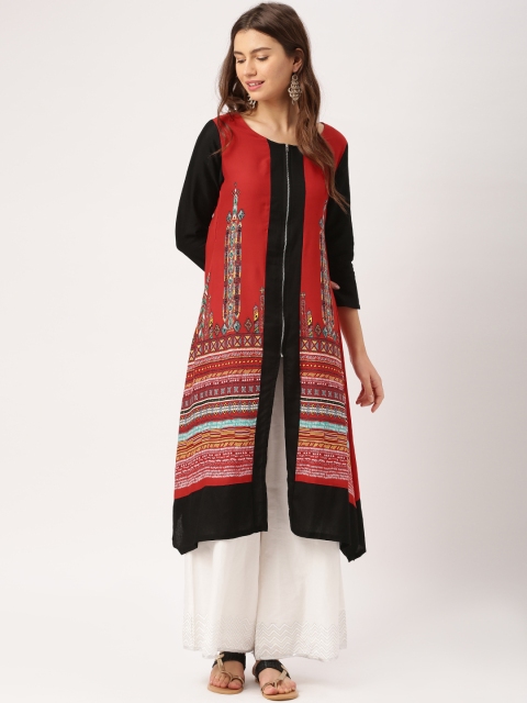 

IMARA Women Black & Red Printed Asymmetric A-Line Kurta