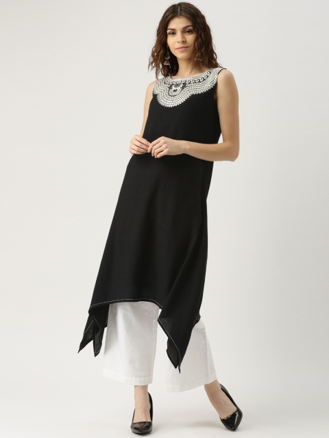 

IMARA Black Embroidered Asymmetric A-Line Kurta