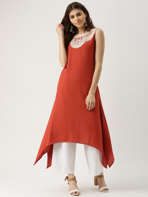 

IMARA Red Embroidered Asymmetric A-Line Kurta