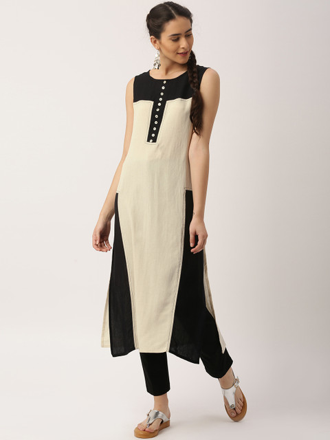 

IMARA Women Beige & Black Colourblocked A-Line Kurta