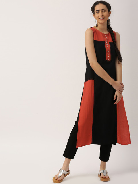 

IMARA Women Black & Rust Orange Colourblocked A-Line Kurta