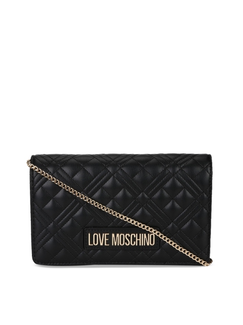 

LOVE MOSCHINO Black Geometric Textured Structured Sling Bag with Quilted