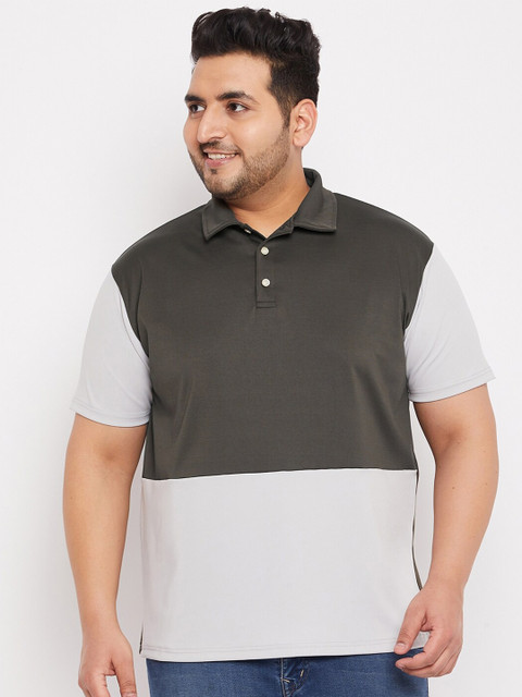 

bigbanana Plus Size Men Grey Colourblocked Rapid Dry Polo Collar T-shirt