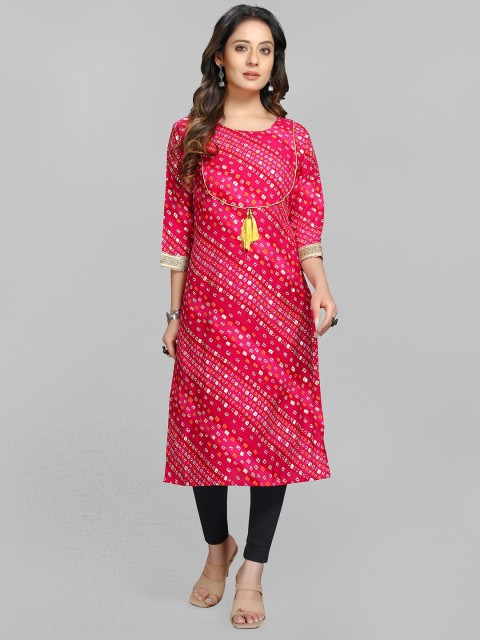 

Fashion FRICKS Women Pink & Gold-Toned Bandhani Printed Cotton Kurta
