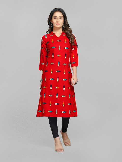 

Fashion FRICKS Women Red & Blue Geometric Printed Block Print Pure Cotton Kurta