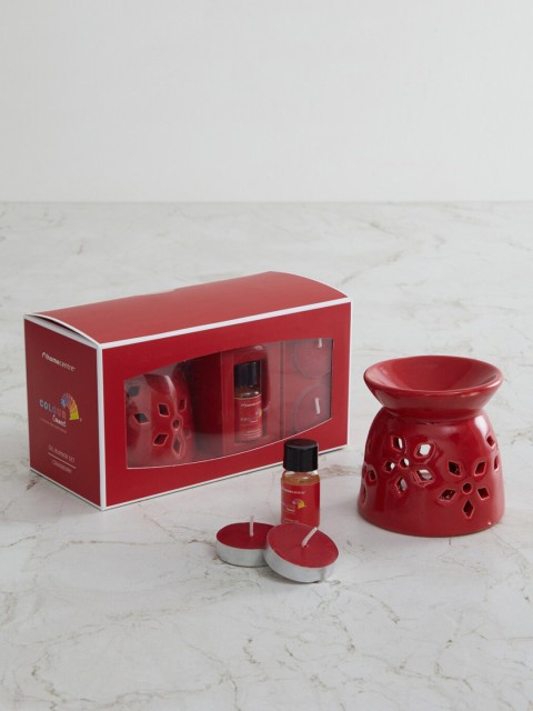 

Home Centre Set Of 4 Red Colour Connect Round Ceramic Burner Set & Cranberry Oil