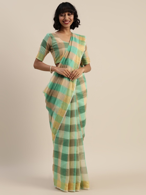 

KALINI Green & Beige Checked Pure Cotton Saree