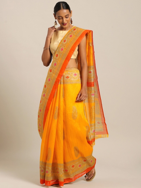 

KALINI Yellow & Orange Paisley Art Silk Bhagalpuri Saree