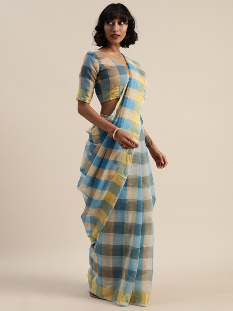 

KALINI Grey & Blue Checked Zari Pure Cotton Saree