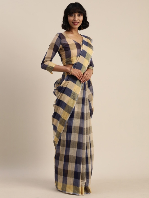 

KALINI Beige & Grey Checked Pure Cotton Saree