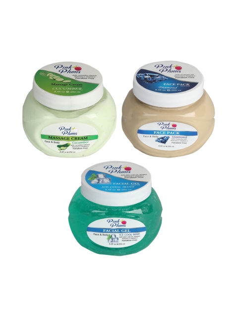 

Pink Plums Paraben Free Massage Cream-Face Pack-Facial Gel Combo - 250 ml Each, Green