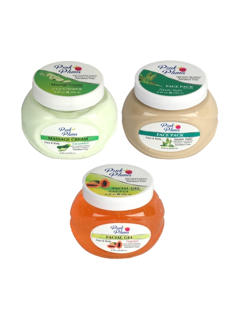 

Pink Plums Cucumber Massage Cream - Neem Tulsi Face Pack - Papaya Facial Gel 250 ml Each, Green