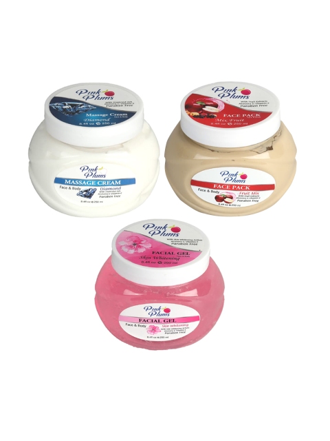 

Pink Plums Paraben Free Massage Cream-Face Pack-Facial Gel Combo - 250 ml Each, White