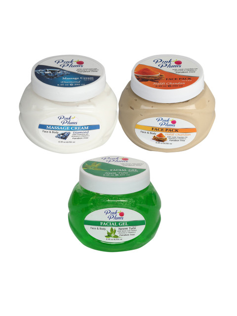 

Pink Plums Paraben Free Massage Cream-Face Pack-Facial Gel Combo - 250 ml Each, White