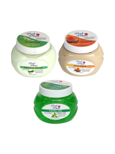 

Pink Plums Cucumber Massage Cream - Haldi Chandan Face Pack - Neem Tulsi Facial Gel, Green