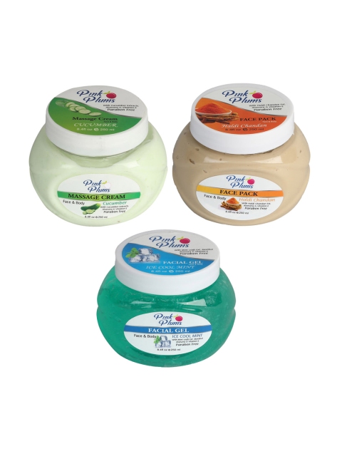

Pink Plums Cucumber Massage Cream - Haldi Chandan Face Pack - Ice Cool Mint Facial Gel, Green