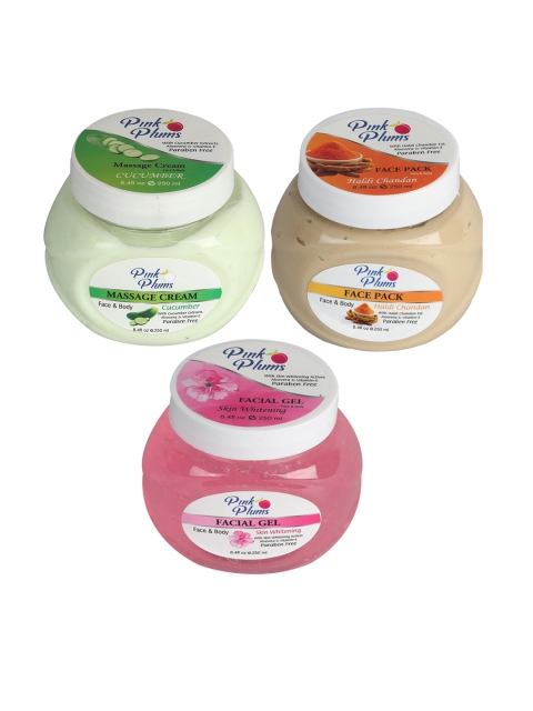 

Pink Plums Paraben Free Massage Cream-Face Pack-Facial Gel Combo - 250 ml Each, Green