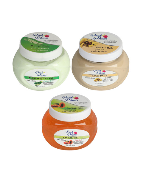 

Pink Plums Cucumber Massage Cream - Gold Face Pack - Papaya Facial Gel, Green