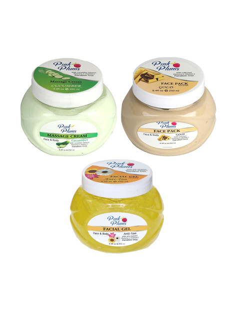 

Pink Plums Paraben Free Massage Cream-Face Pack-Facial Gel Combo - 250 ml Each, Green