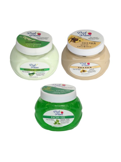 

Pink Plums Paraben Free Massage Cream-Face Pack-Facial Gel Combo - 250 ml Each, Green
