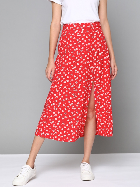 

Mast & Harbour Women Red & White Floral Print Front Slit Detail A-line Midi Skirt