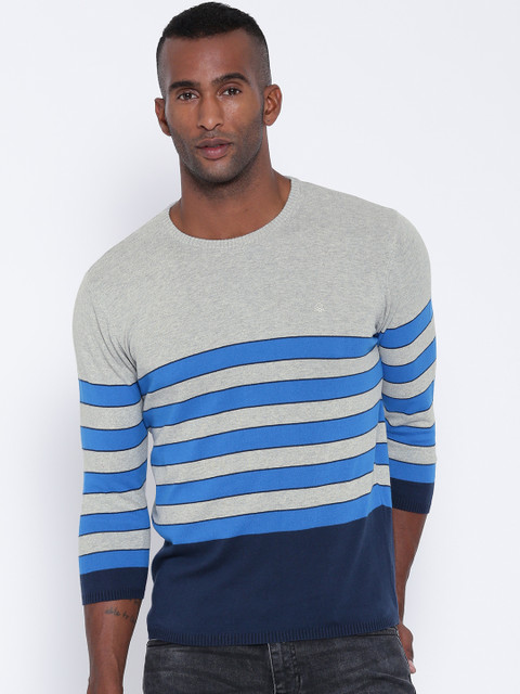 

United Colors of Benetton Men Grey Melange Striped Round Neck T-shirt