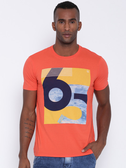 

United Colors of Benetton Men Coral Orange Printed Round Neck T-shirt
