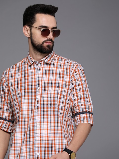 

Louis Philippe Jeans Men Orange Slim Fit Tartan Checks Checked Cotton Casual Shirt