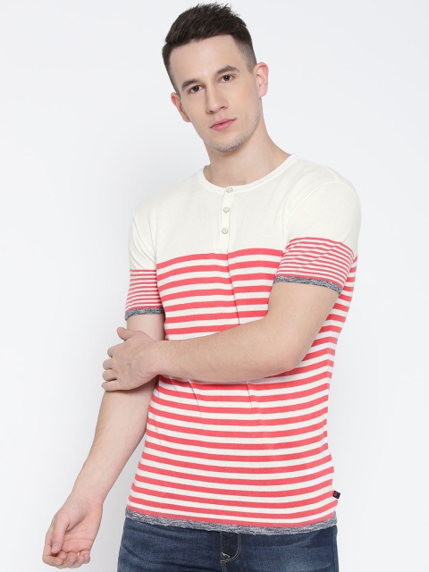 

United Colors of Benetton Men White & Coral Red Striped Henley Neck T-shirt