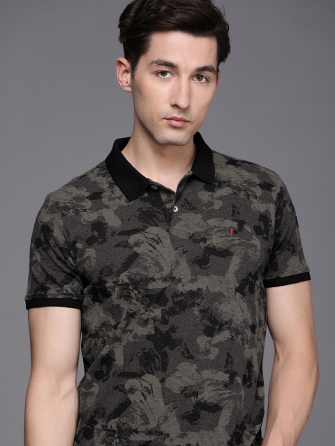 

Louis Philippe Jeans Men Black & Grey Camouflage Printed Polo Collar Slim Fit T-shirt
