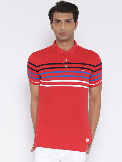 

United Colors of Benetton Men Red Striped Polo Collar T-shirt