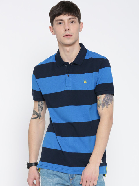

United Colors of Benetton Men Blue Striped Polo Collar T-shirt