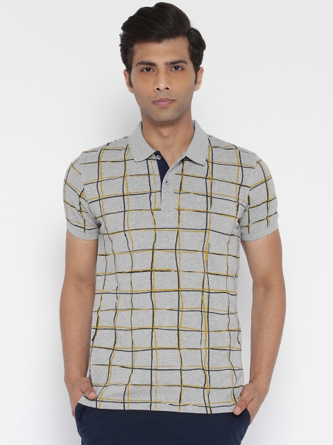 United Colors of Benetton Men Grey Melange Checked Polo Collar T-shirt