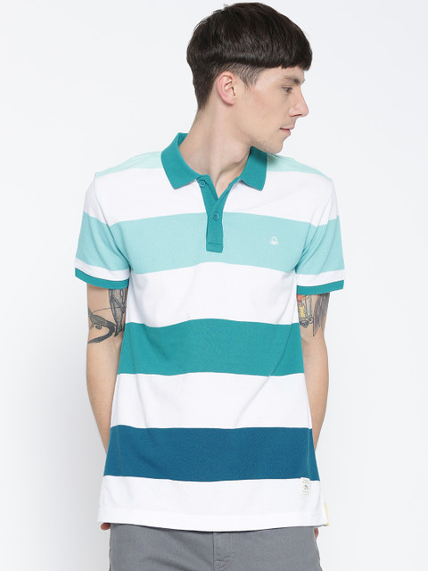 

United Colors of Benetton Men White & Blue Striped Polo Collar T-shirt