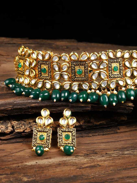 

Kord Store Gold-Plated White & Green Kundan Studded & Beaded Jewellery Set