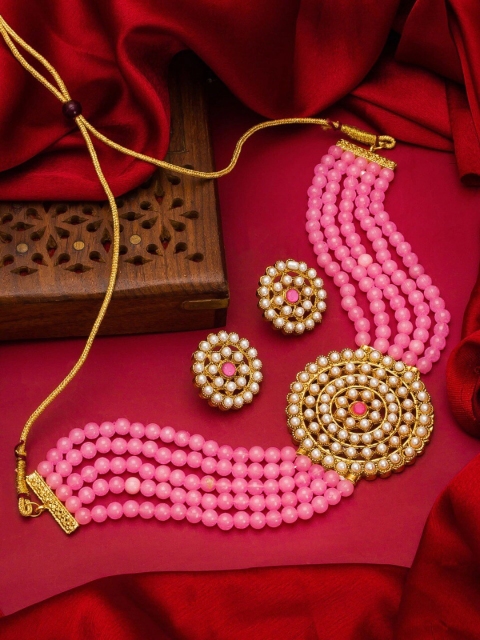 

Kord Store Gold-Plated Beige Pearl-Studded Pink Beaded Jewellery Set