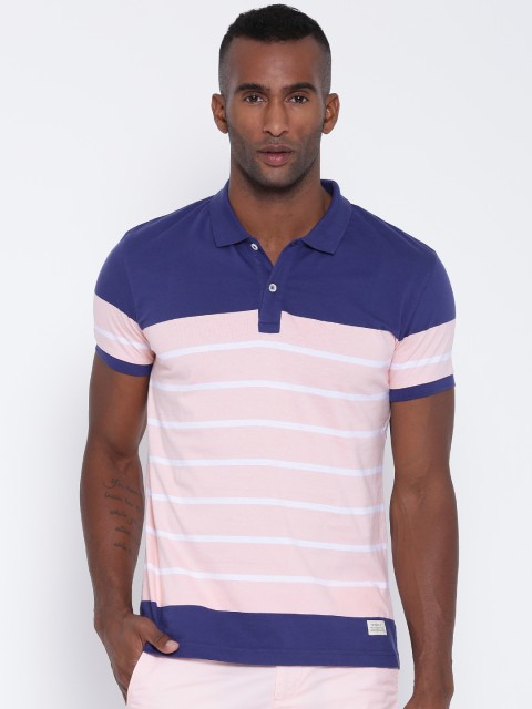 

United Colors of Benetton Men Pink Striped Polo Collar T-shirt