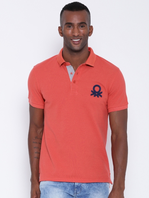 

United Colors of Benetton Men Coral Orange Solid Polo Collar T-shirt