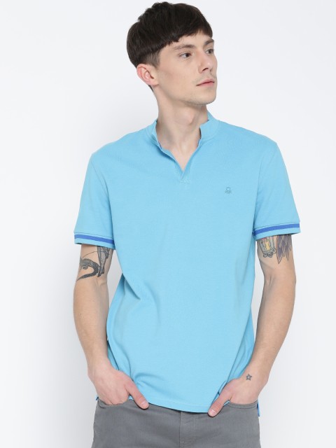 

United Colors of Benetton Men Blue Solid Stand Collar T-shirt