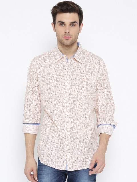 

United Colors of Benetton Men White & Peach-Coloured Printed Casual Shirt