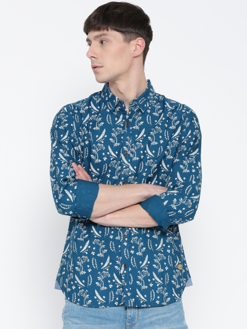 

United Colors of Benetton Men Teal Blue Printed Casual Shirt
