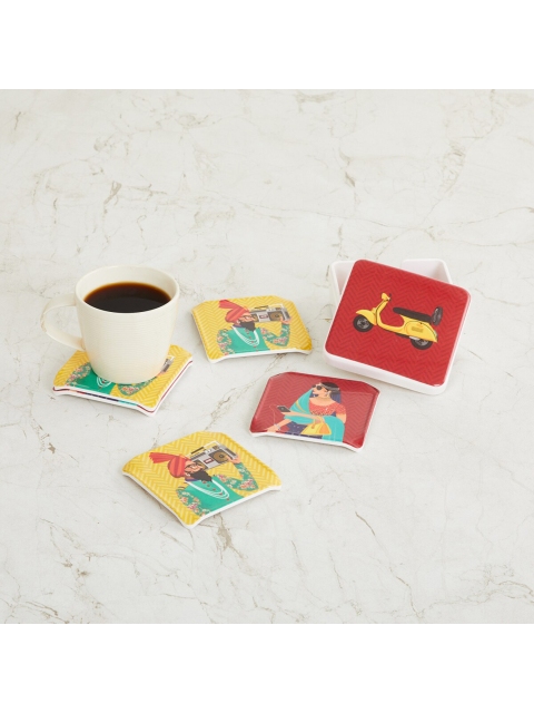 

Home Centre Yellow & Red 6 Pieces Ethnic Motifs Printed Glass Matte Coasters