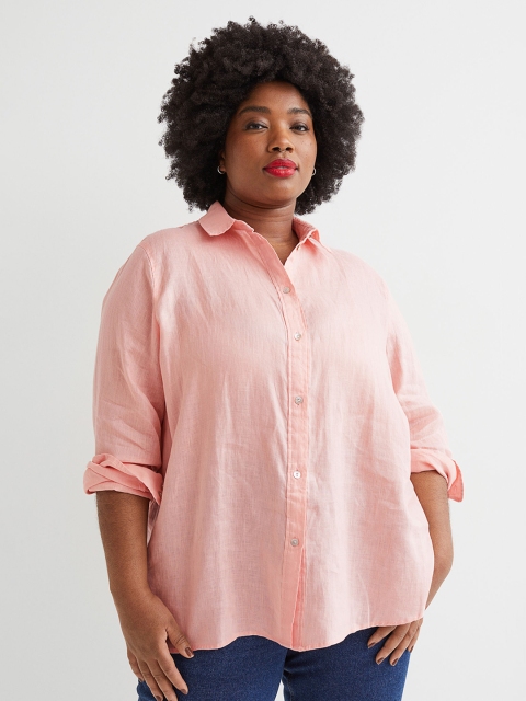 

H&M+ Women Pink Solid Linen Shirt