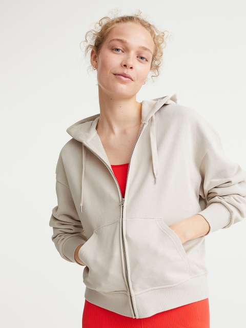 

H&M Women Beige Solid Zip-Through Pure Cotton Hoodie