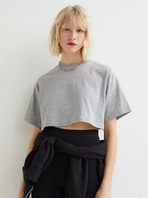 

H&M Women Grey Solid Cropped T-shirt
