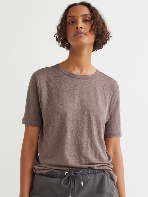 

H&M Women Brown Linen Jersey T-shirt