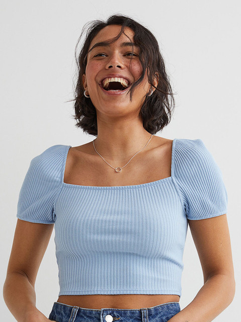 

H&M Women Blue Ribbed Crop Top