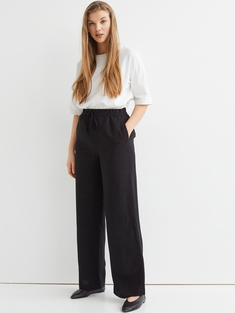 

H&M Women Black Solid Wide Linen-Blend Trousers